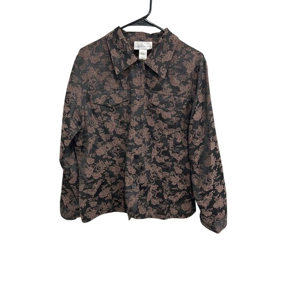 Susan Graver Style Floral Long Sleeve Button Front Shacket Black Brown Sz Large - Picture 1 of 9